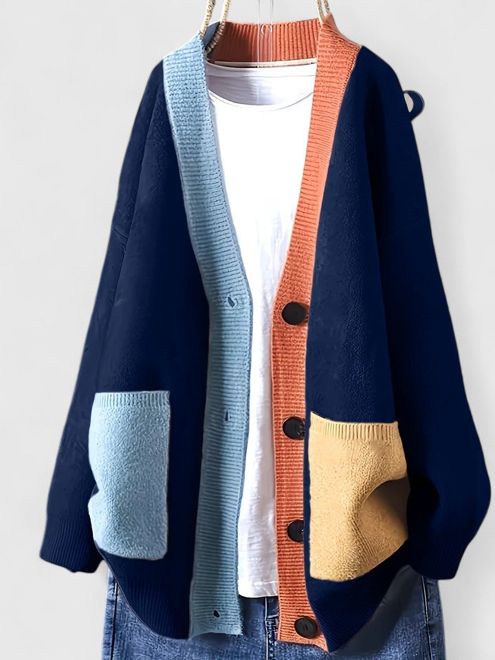 Cardigan oversize à poches plaquées et bordures contrastées pour femme