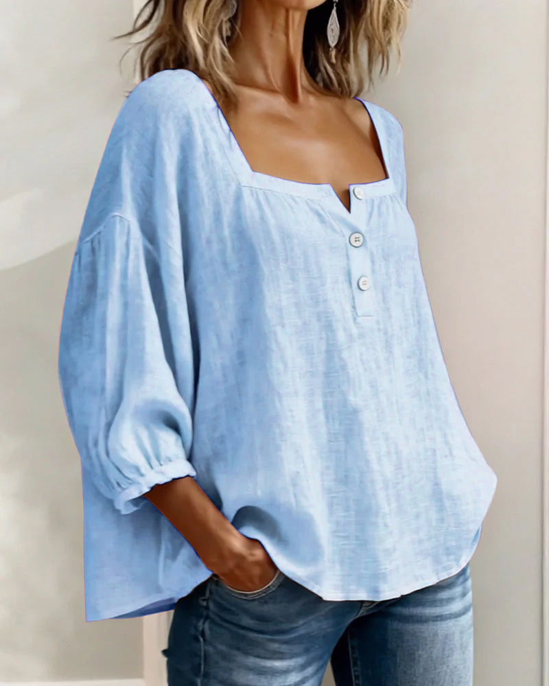 Blouse en lin mélangé à encolure carrée pour femme