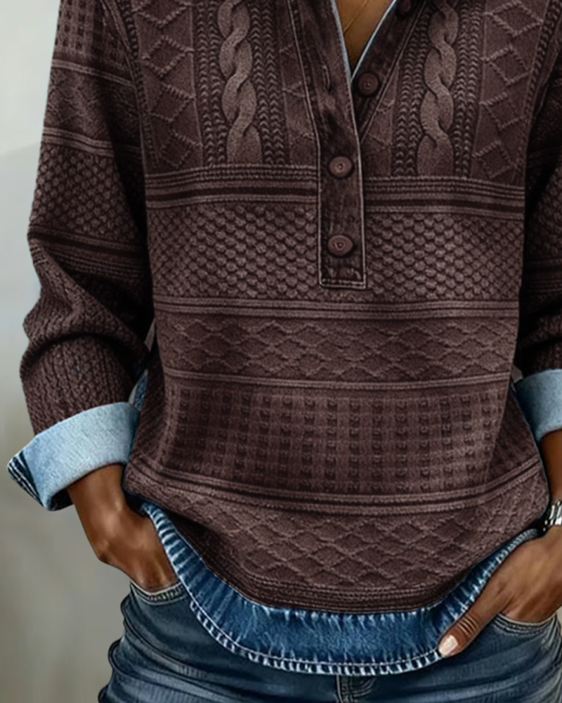 Pull Femme En Maille Effet Denim À Col Polo Boutonné