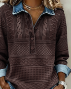 Pull Femme En Maille Effet Denim À Col Polo Boutonné