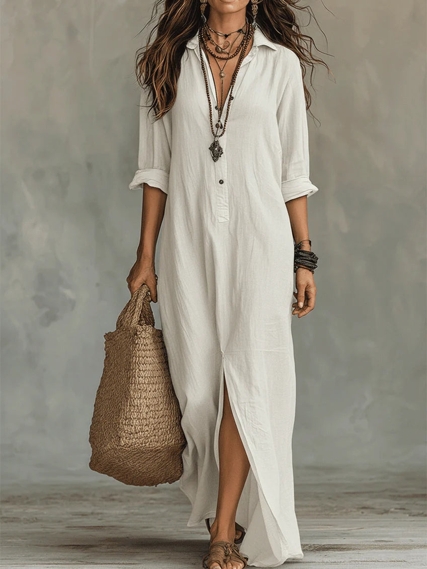 Robe Longue Femme Fluide Boutonnée Avec Col Chemise