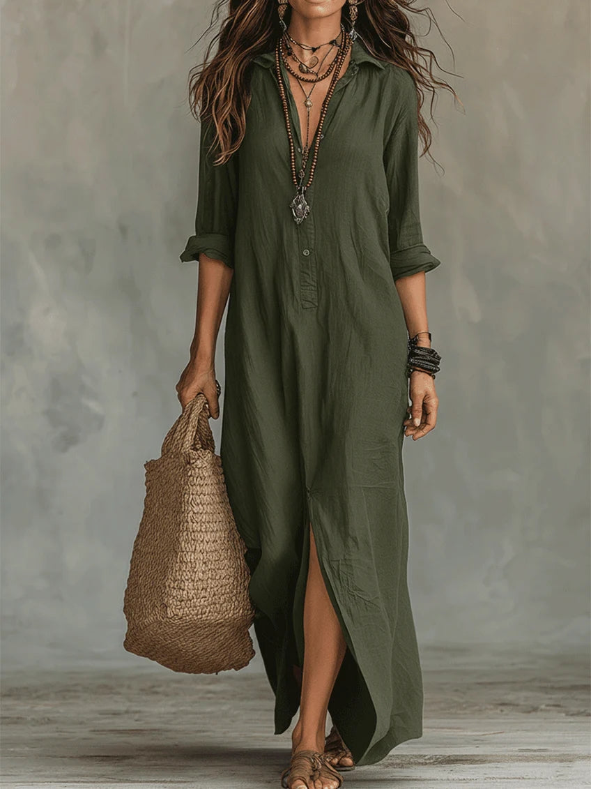 Robe Longue Femme Fluide Boutonnée Avec Col Chemise