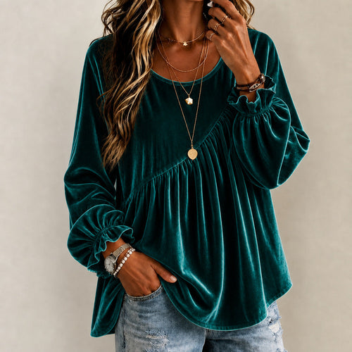Blouse Femme En Velours À Col Rond Et Volants