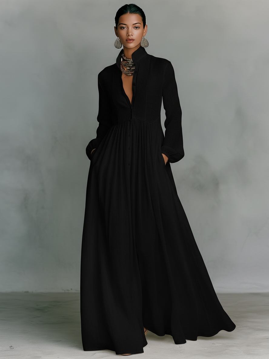Robe Longue Femme En Coton Et Lin Col Montant Manches Longues