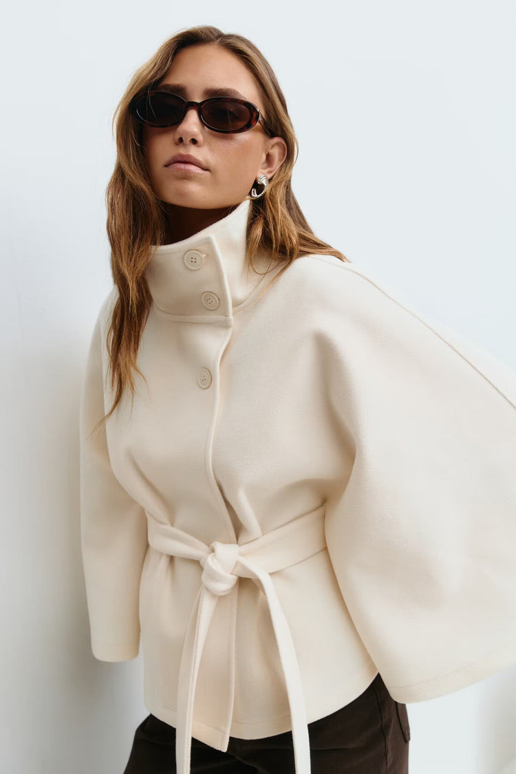 Manteau Cape Femme À Col Montant Et Ceinture Ajustable