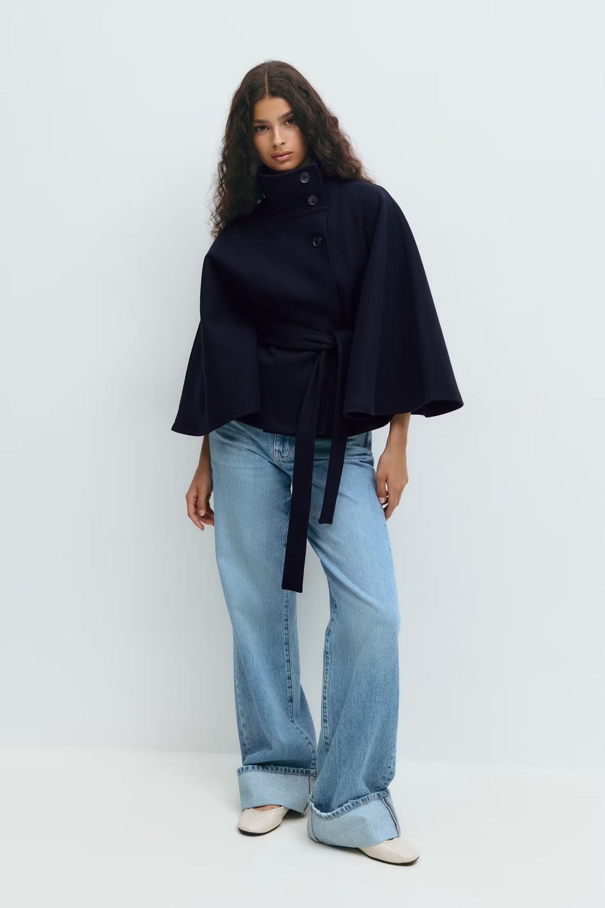 Manteau Cape Femme À Col Montant Et Ceinture Ajustable