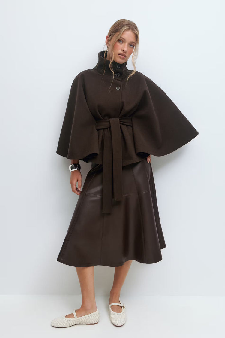 Manteau Cape Femme À Col Montant Et Ceinture Ajustable