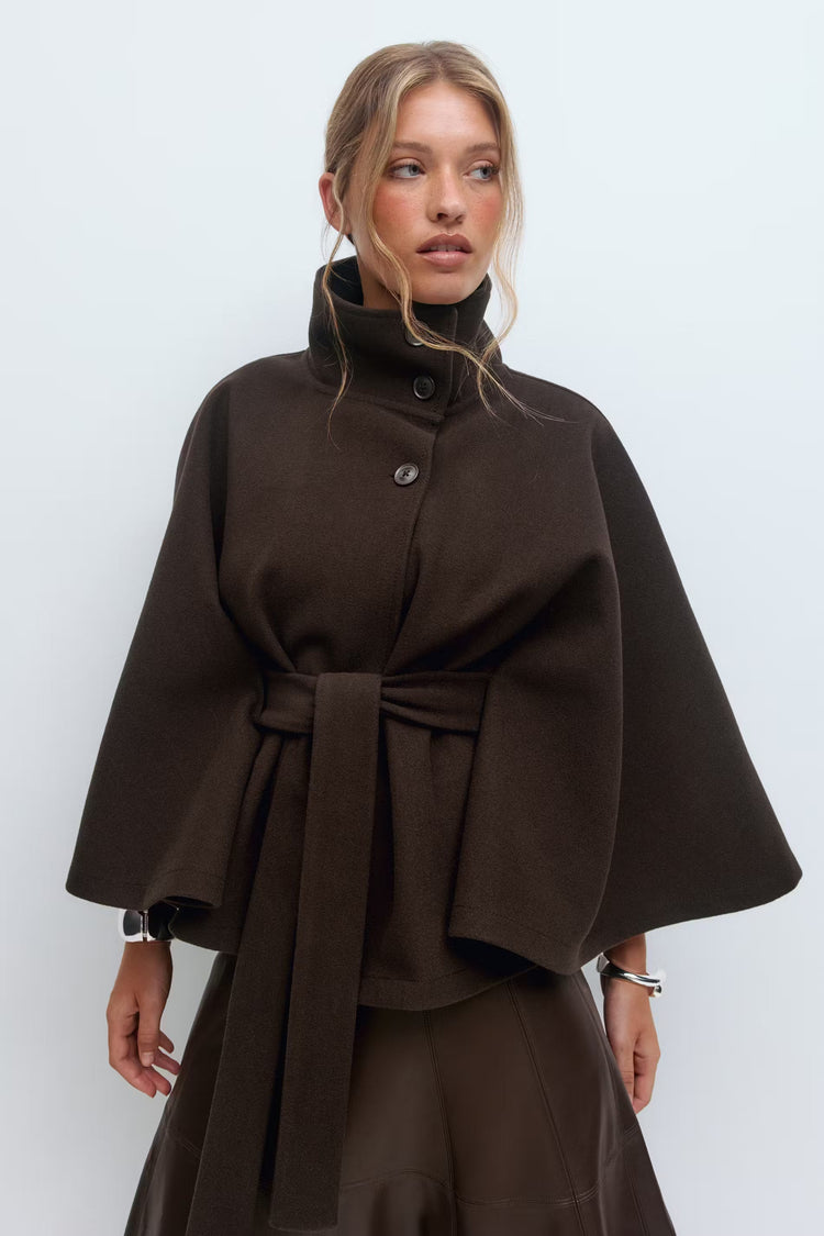 Manteau Cape Femme À Col Montant Et Ceinture Ajustable