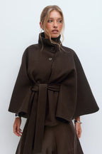 Manteau Cape Femme À Col Montant Et Ceinture Ajustable