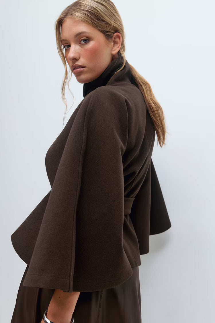 Manteau Cape Femme À Col Montant Et Ceinture Ajustable