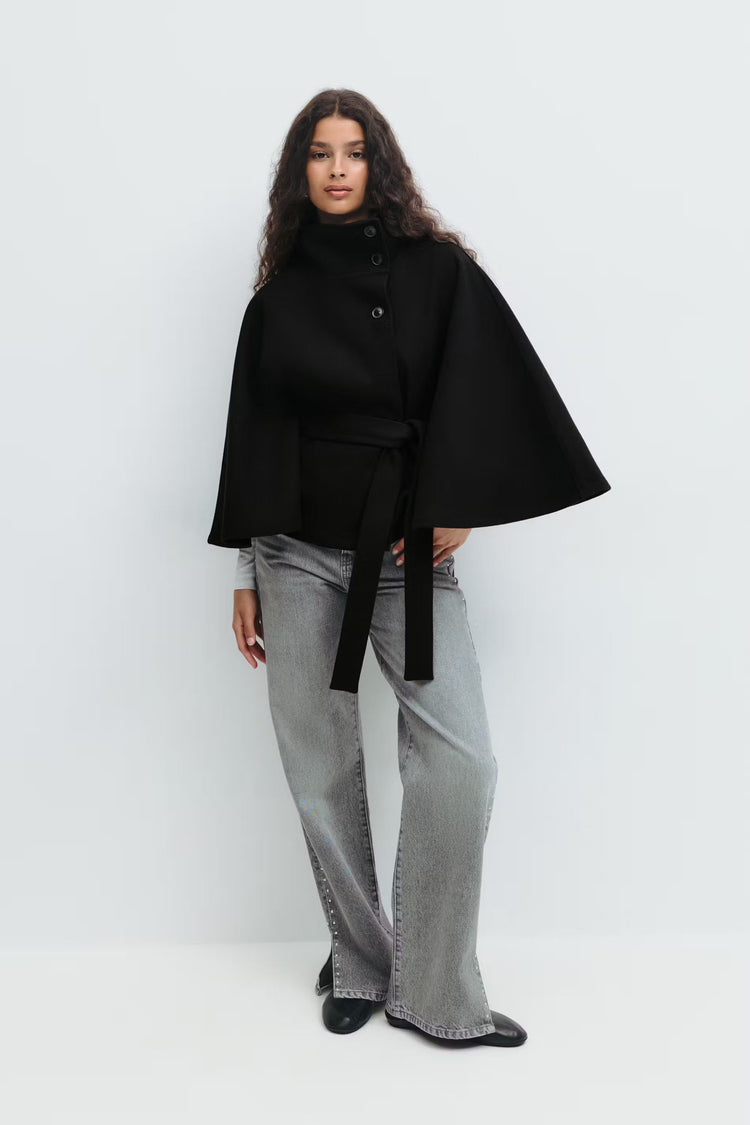 Manteau Cape Femme À Col Montant Et Ceinture Ajustable