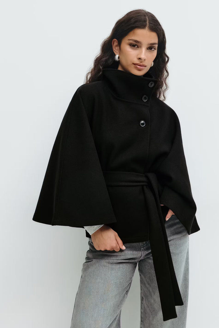 Manteau Cape Femme À Col Montant Et Ceinture Ajustable