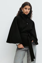 Manteau Cape Femme À Col Montant Et Ceinture Ajustable