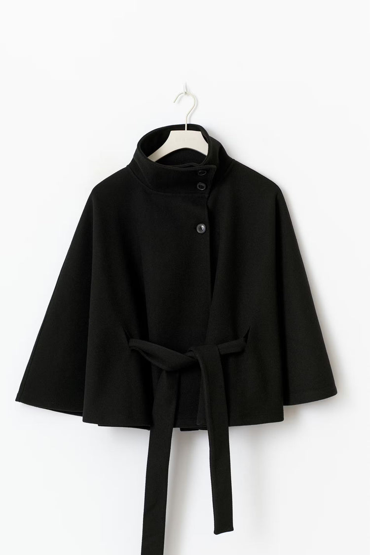 Manteau Cape Femme À Col Montant Et Ceinture Ajustable