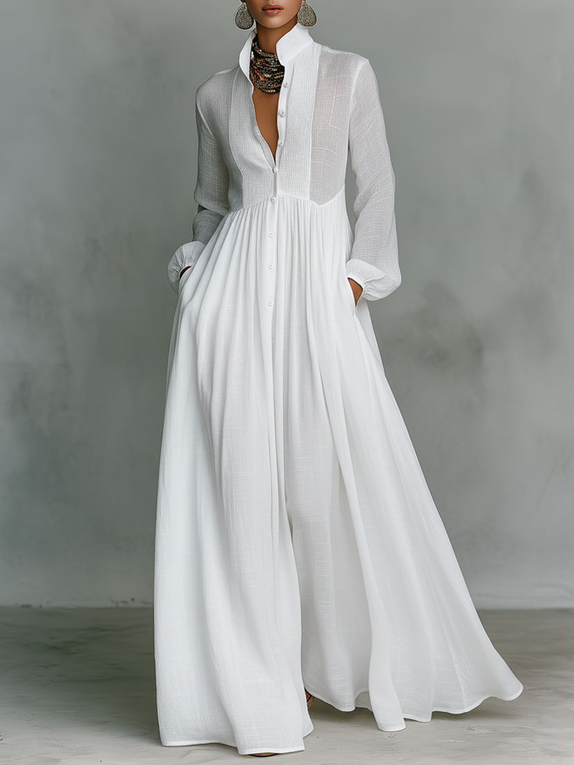 Robe Longue Femme En Coton Et Lin Col Montant Manches Longues