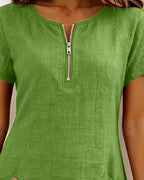 Robe courte coupe A-line en coton et lin à fermeture zippée pour femme