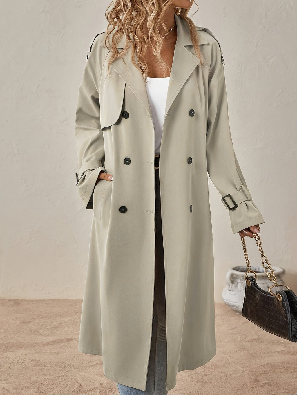 Trench Long Femme En Coton Mélangé À Taille Ajustée