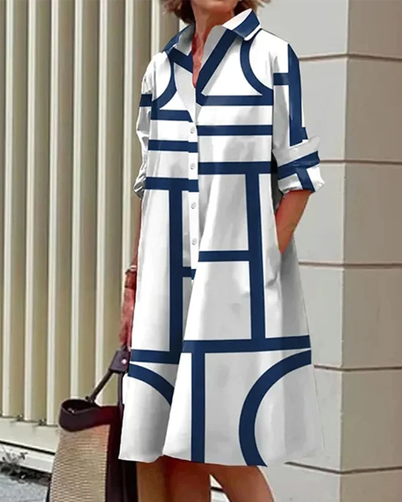 Robe Chemise Femme Midi À Imprimé Géométrique Et Poches