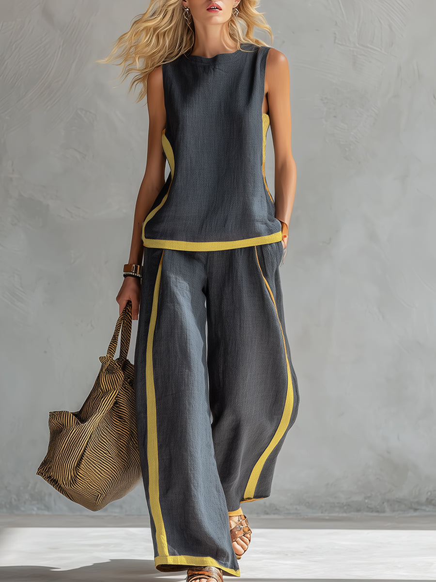 Ensemble haut sans manches et pantalon large en coton et lin pour femme