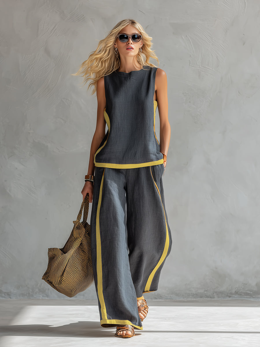 Ensemble haut sans manches et pantalon large en coton et lin pour femme