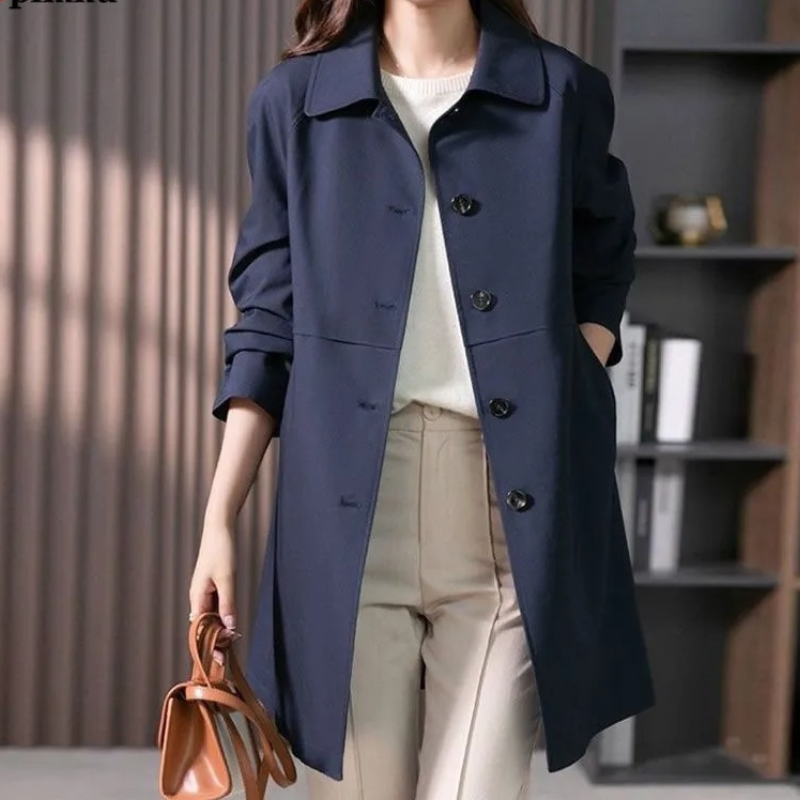Trench Mi Long Femme Boutoné En Tissu Respirant