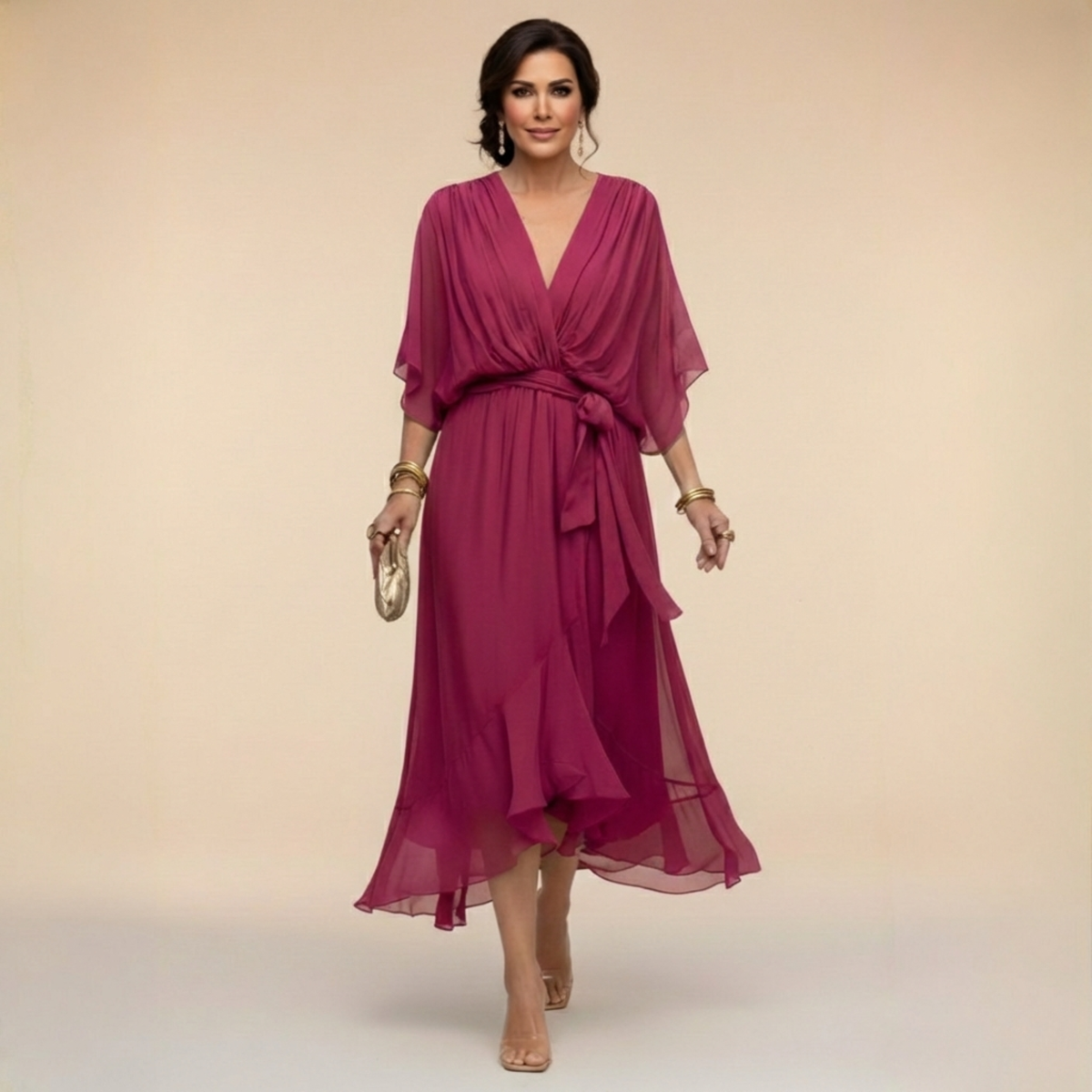 Robe en chiffon fluide col V ceinturée pour femme