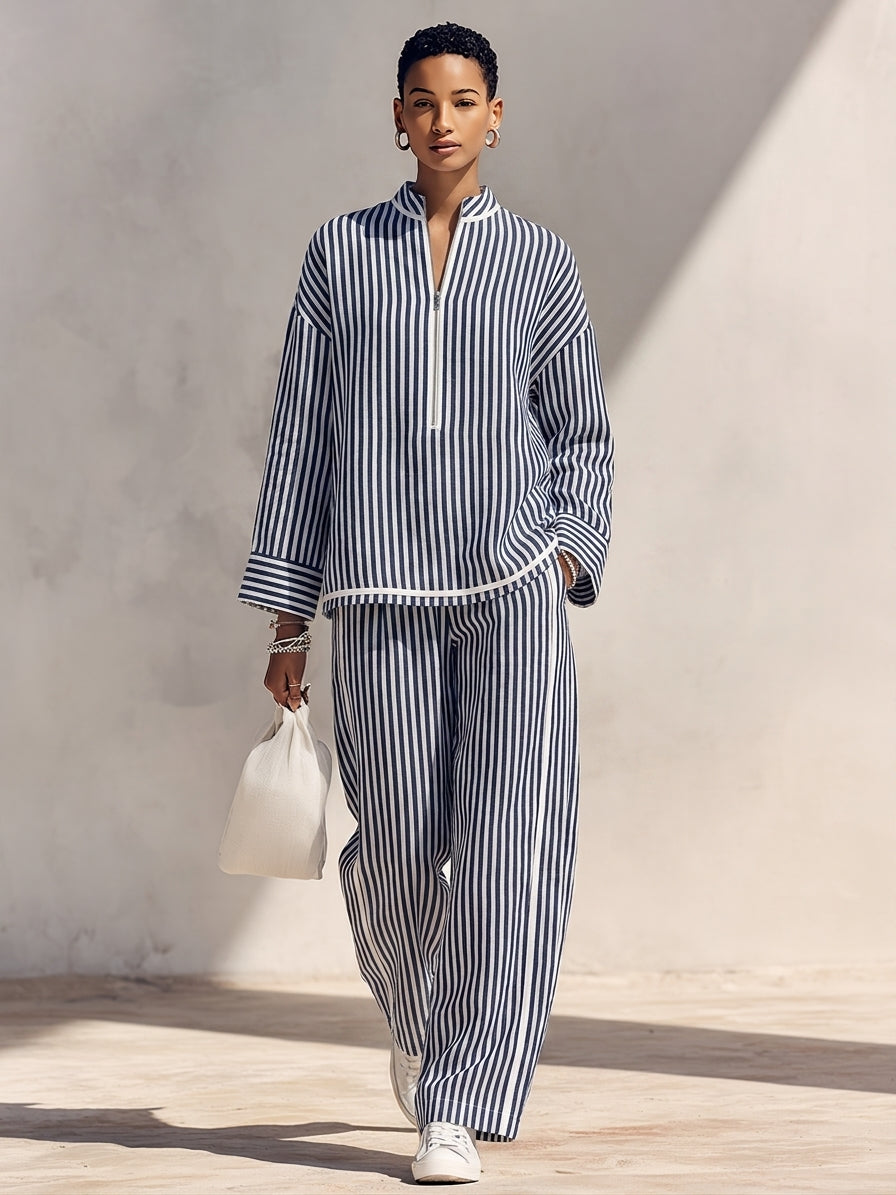 Ensemble Femme En Lin Avec Top Demi-Zip Et Pantalon Large