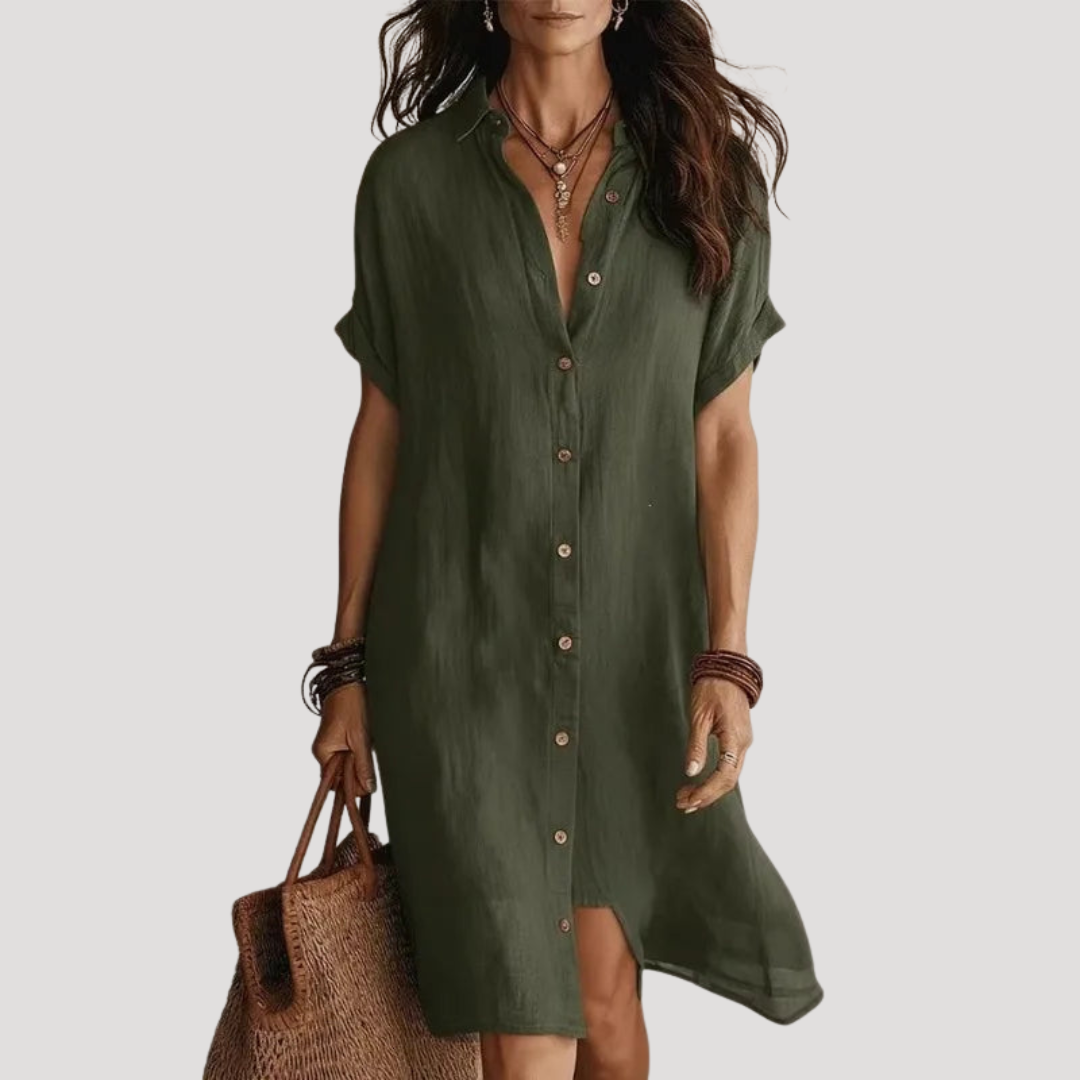 Robe Chemise Longue Femme Col V Boutonnée Manches Courtes