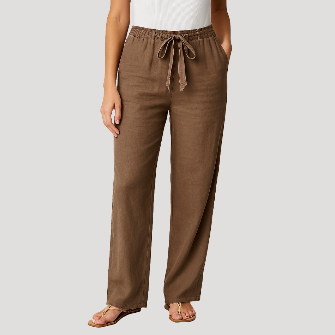 Pantalon Lin Femme Léger À Taille Élastiquée Et Poches