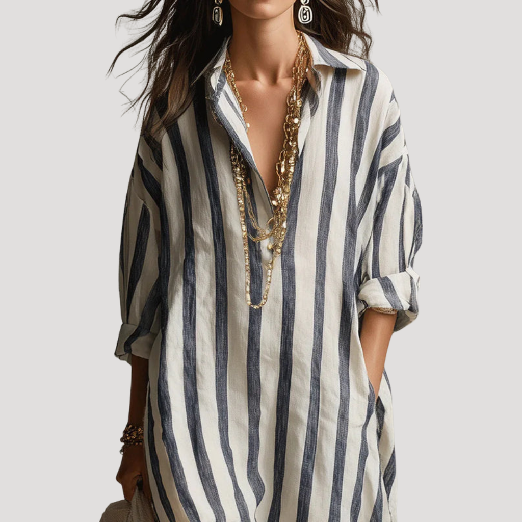 Robe Chemise Femme Longue En Lin Rayé À Manches Retroussables