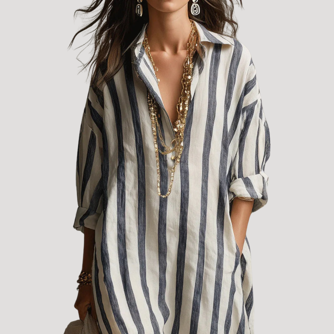 Robe Chemise Femme Longue En Lin Rayé À Manches Retroussables