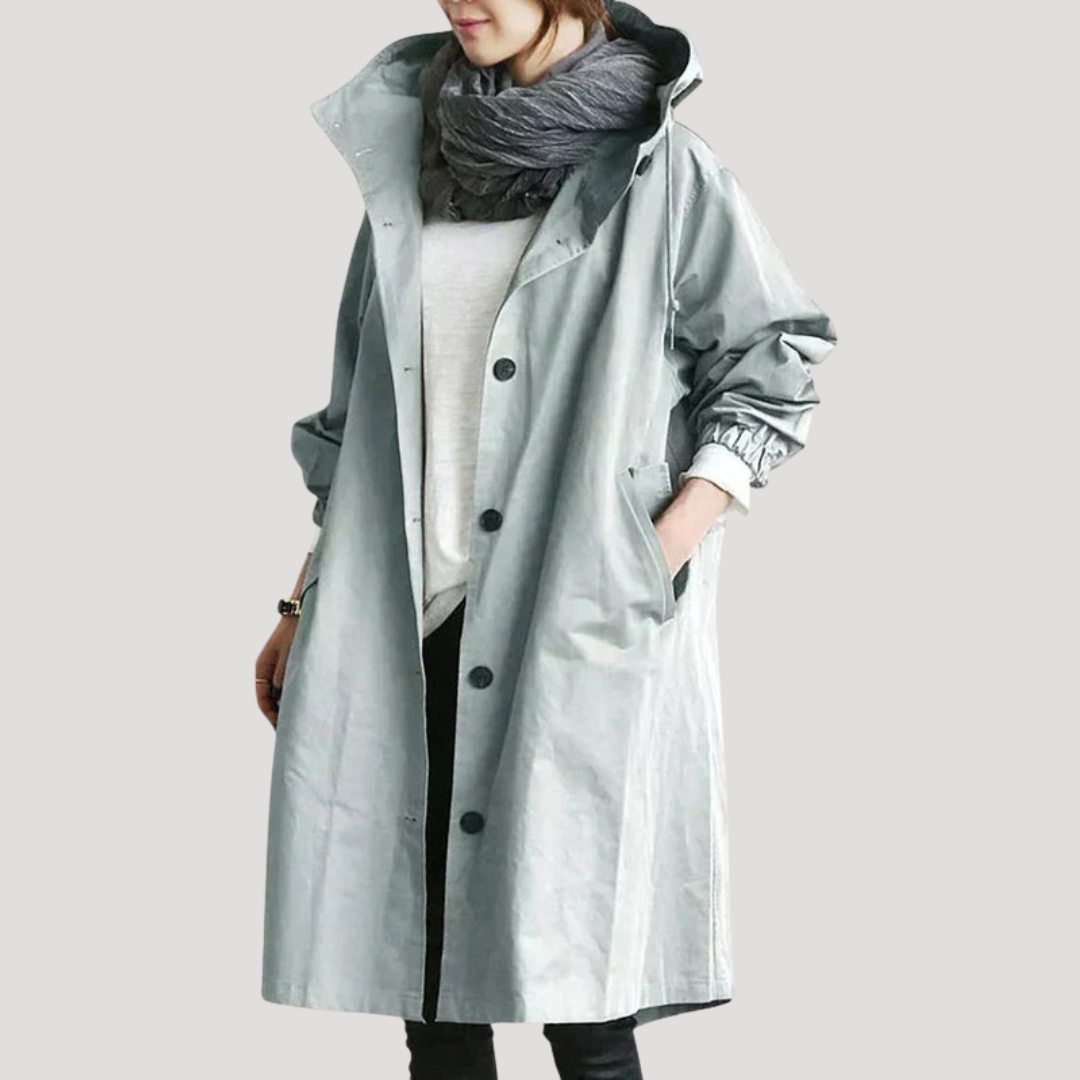 Manteau Long Femme Boutonné À Capuche Ajustable