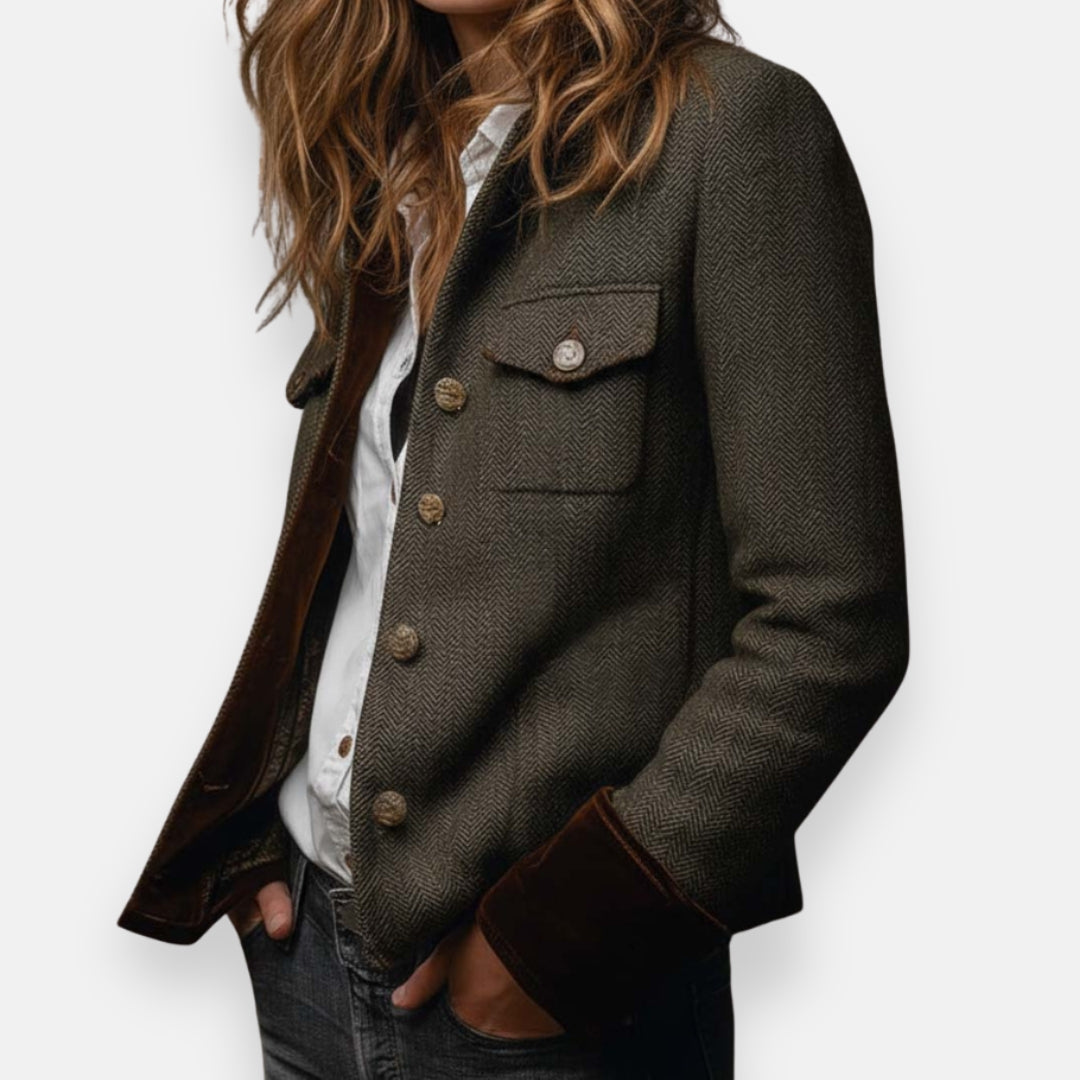 Veste Tweed Femme À Chevrons Et Poignets En Velours