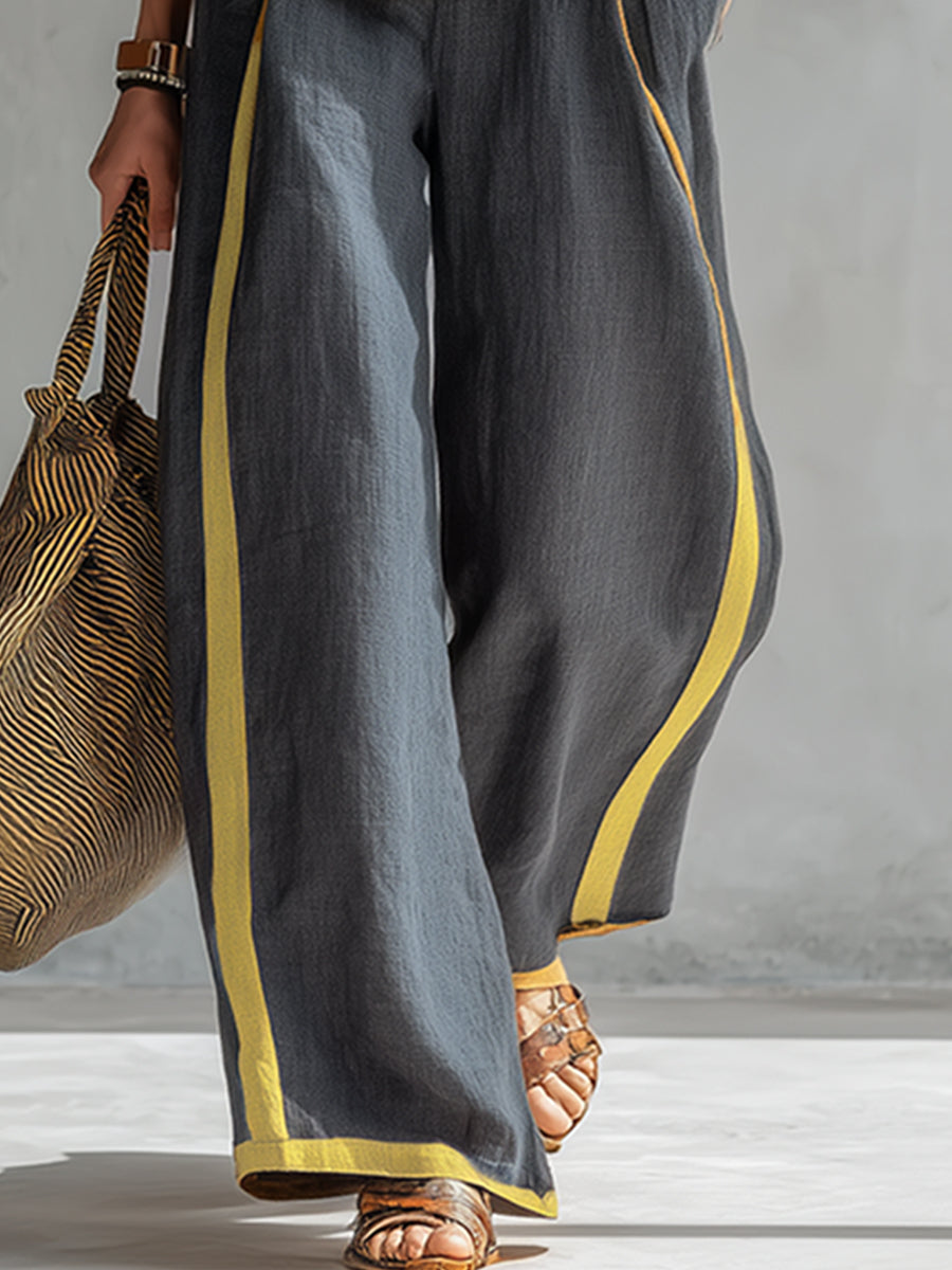 Ensemble haut sans manches et pantalon large en coton et lin pour femme
