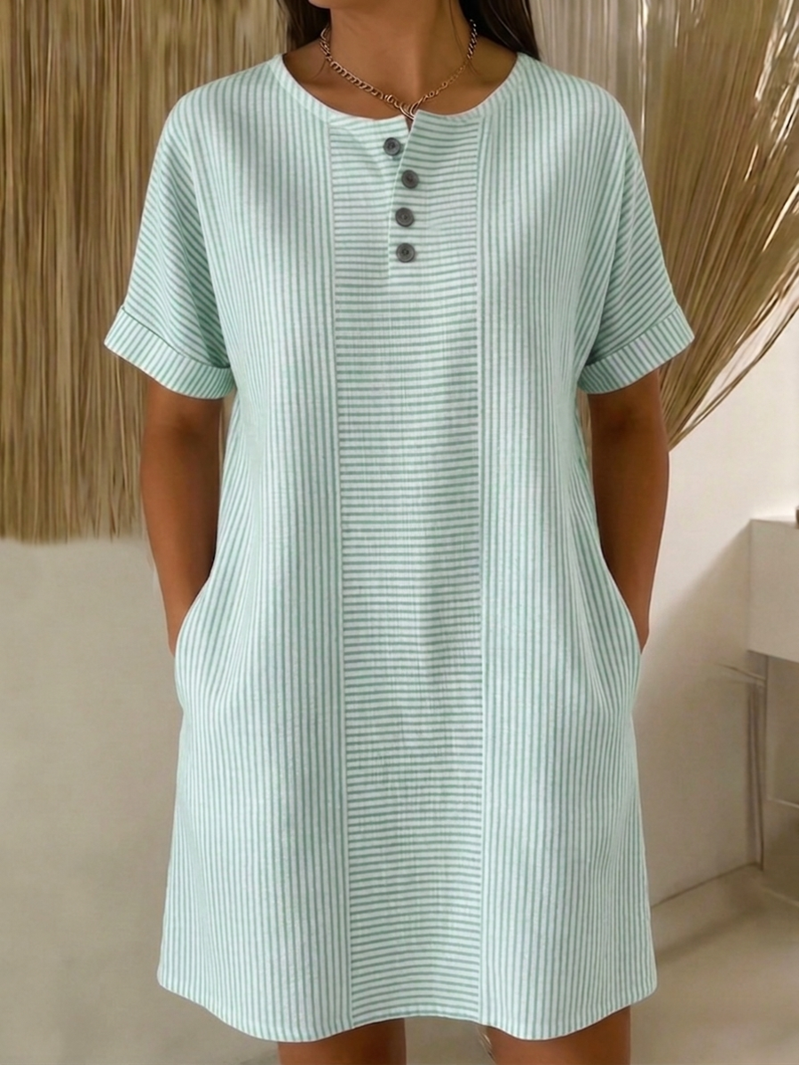 Robe En Lin Femme Boutonnée Col Henley Coupe Ample