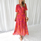 Robe Longue Femme Col En V Fluide Et Légèrement Extensible