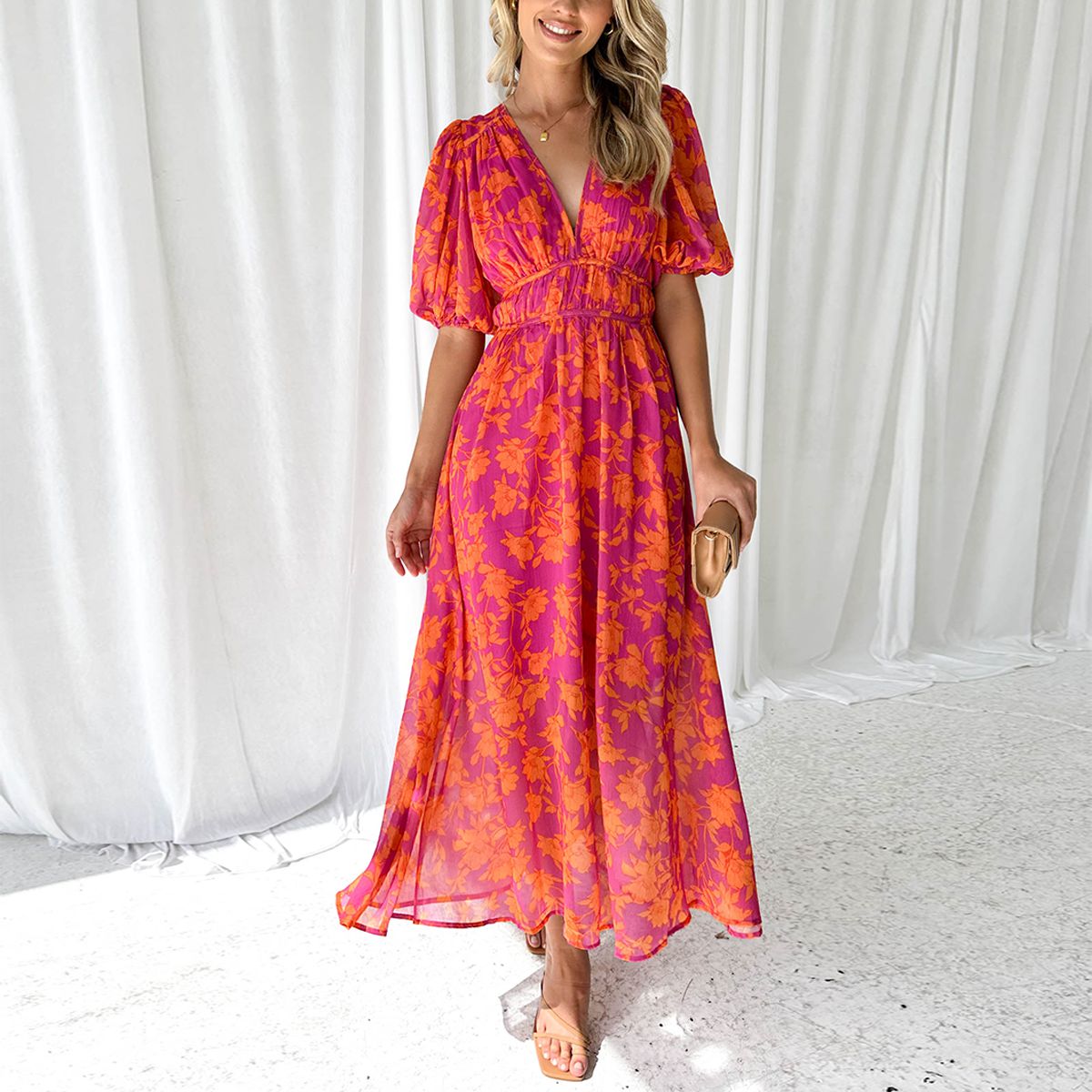 Robe Longue Femme Col En V Fluide Et Légèrement Extensible
