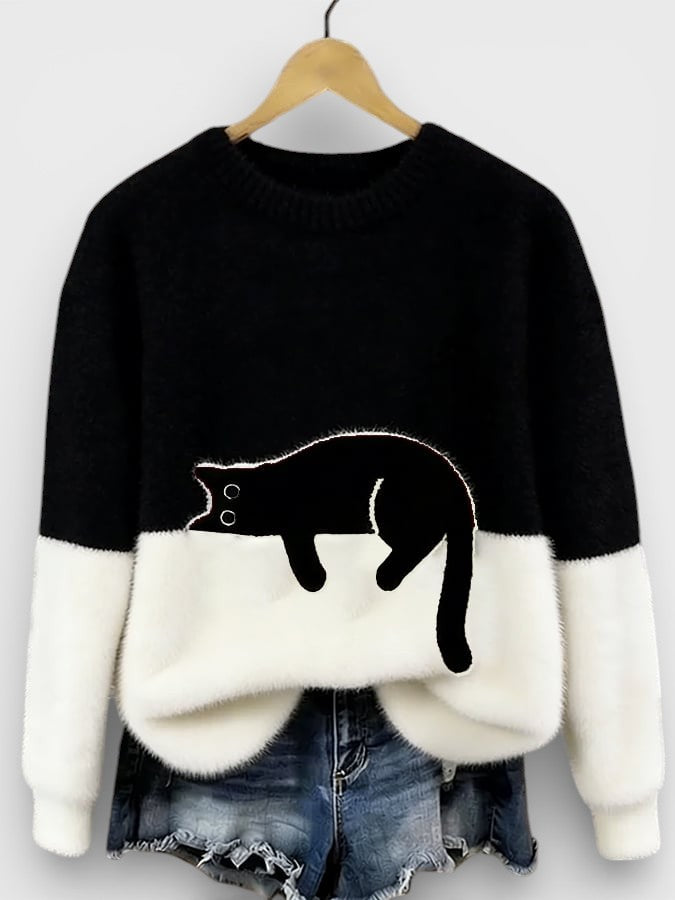 Pull Femme En Coton À Imprimé Chat Et Coupe Ample