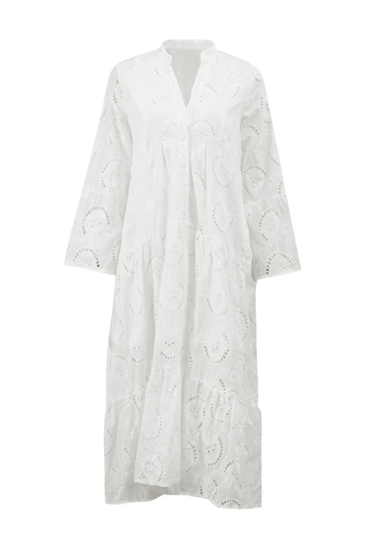 Robe Longue Femme En Coton Brodé Col V Manches Évasées