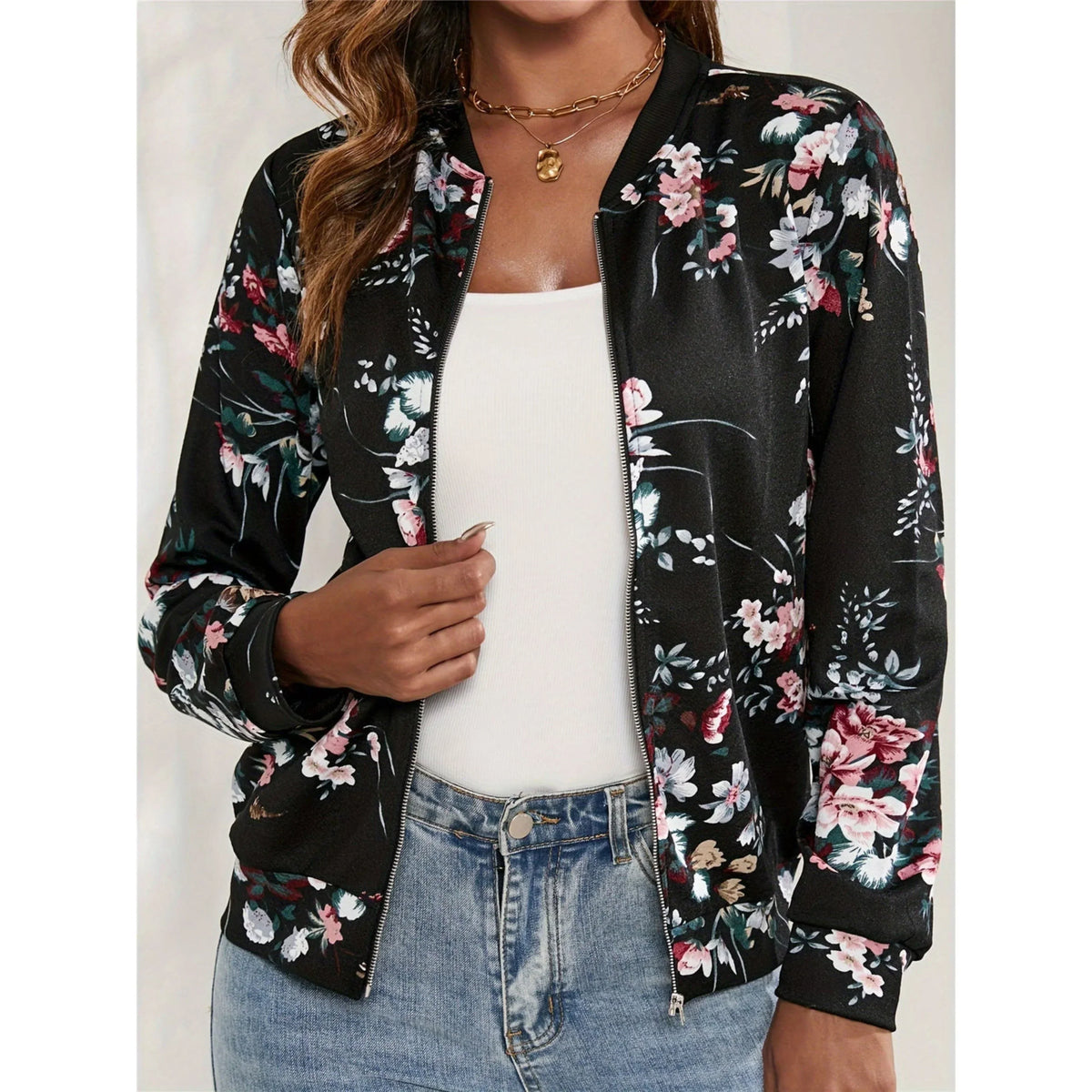 Blouson Aviateur Femme À Imprimé Fleuri Et Zip