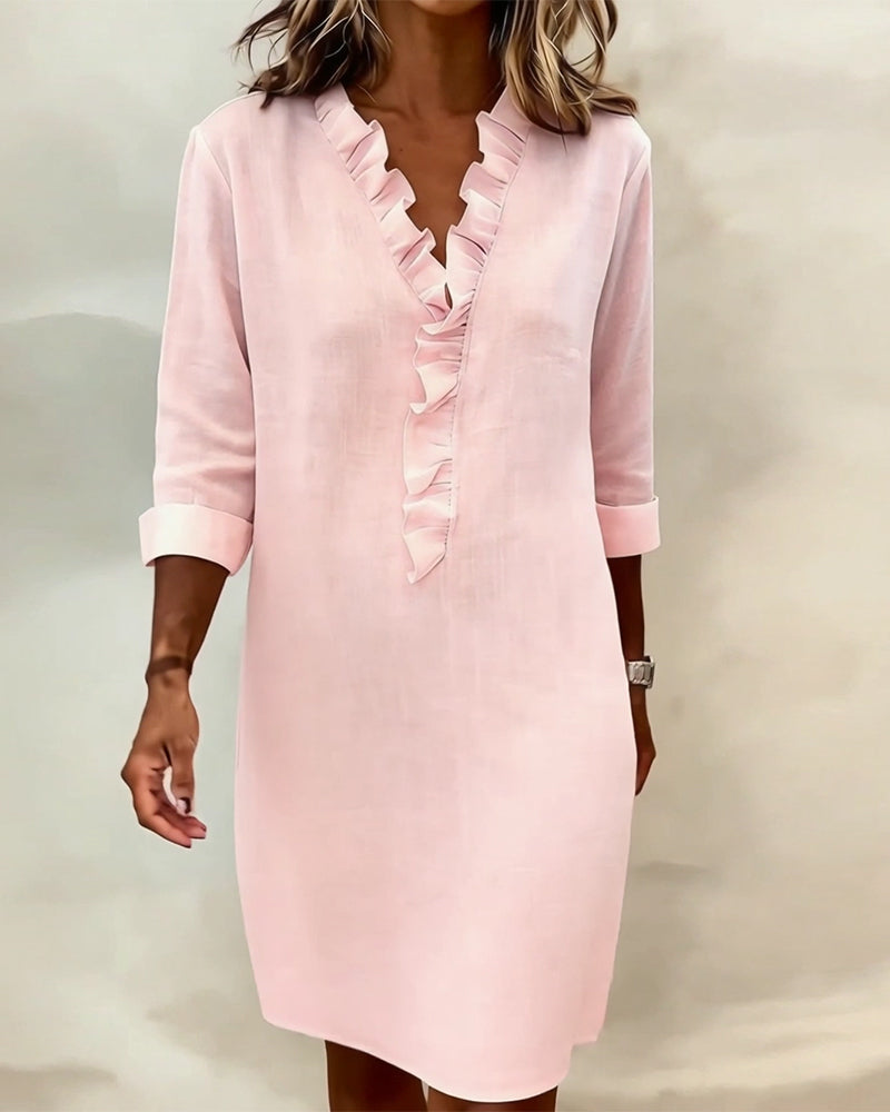 Robe Lin Femme À Col V Et Volants Manches Longues