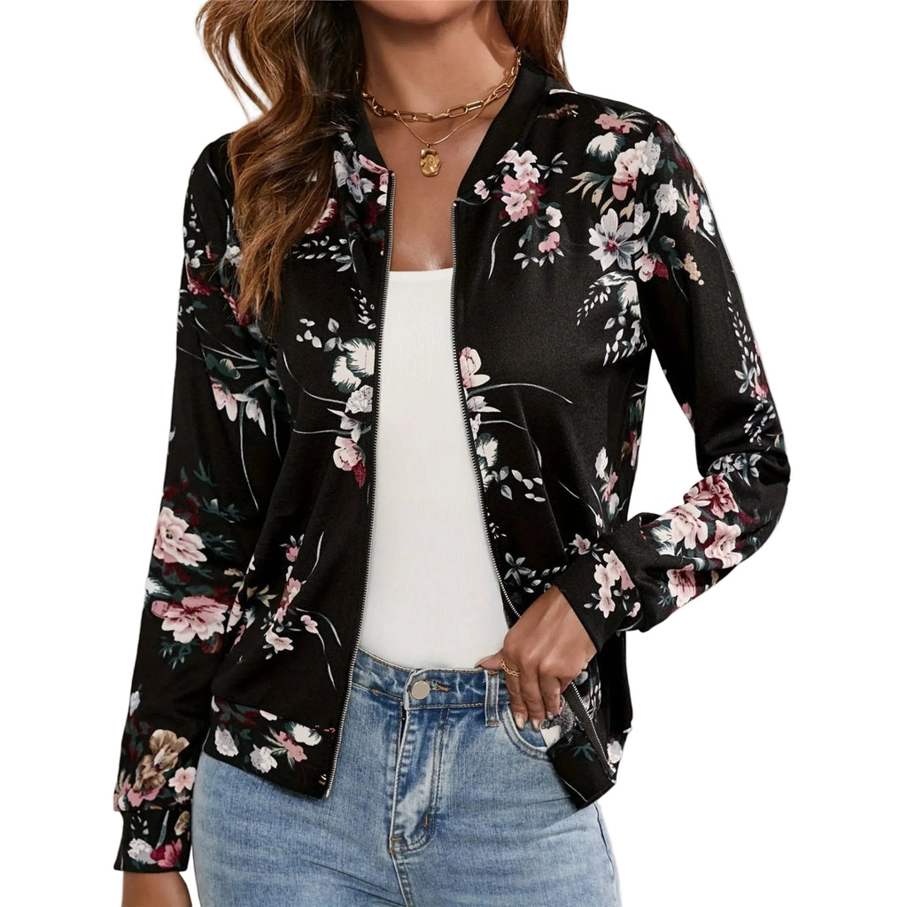 Blouson Aviateur Femme À Imprimé Fleuri Et Zip