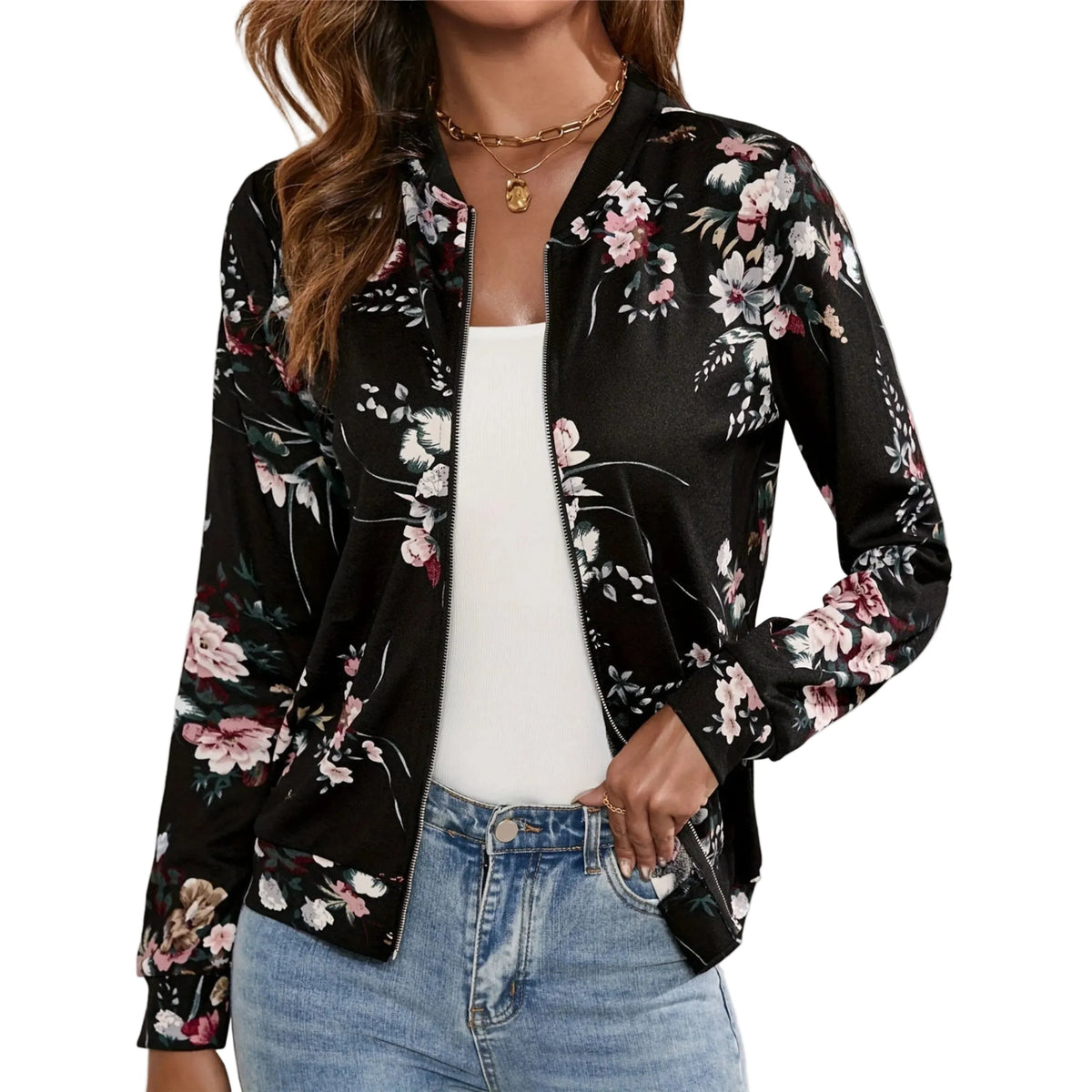Blouson Aviateur Femme À Imprimé Fleuri Et Zip