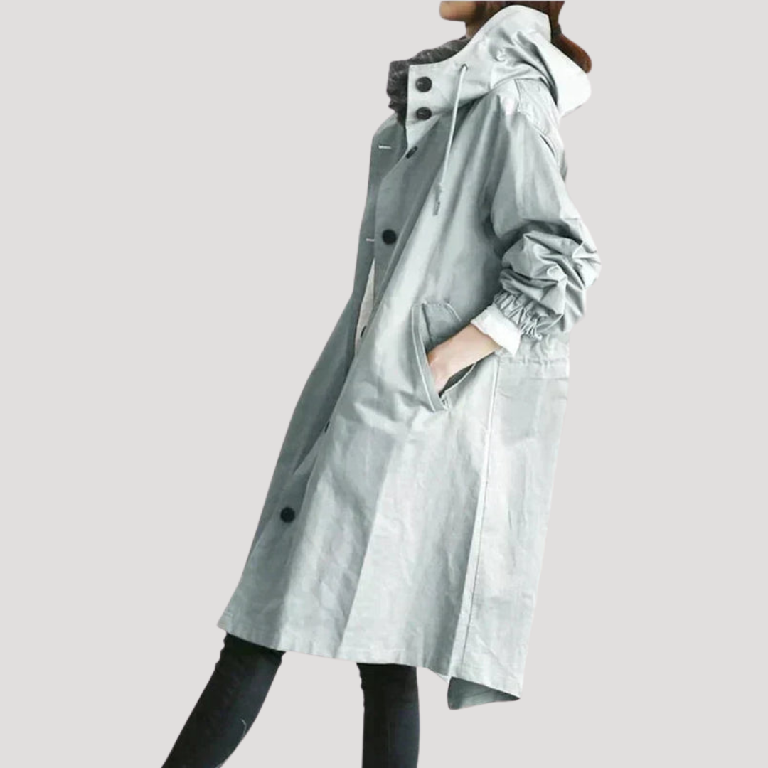 Manteau Long Femme Boutonné À Capuche Ajustable