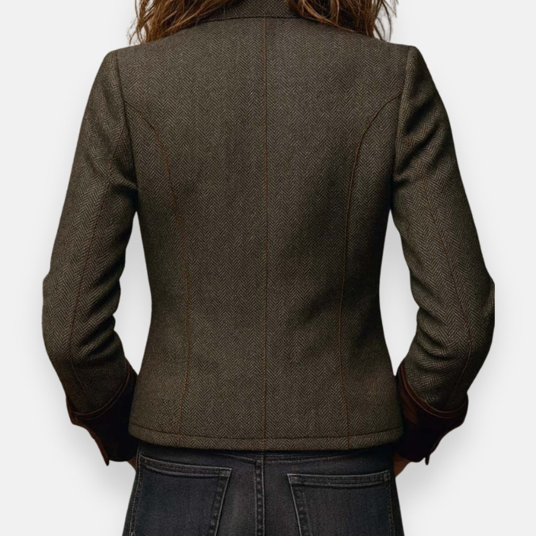 Veste Tweed Femme À Chevrons Et Poignets En Velours