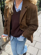 Blazer Femme Oversize En Daim Marron À Revers Larges