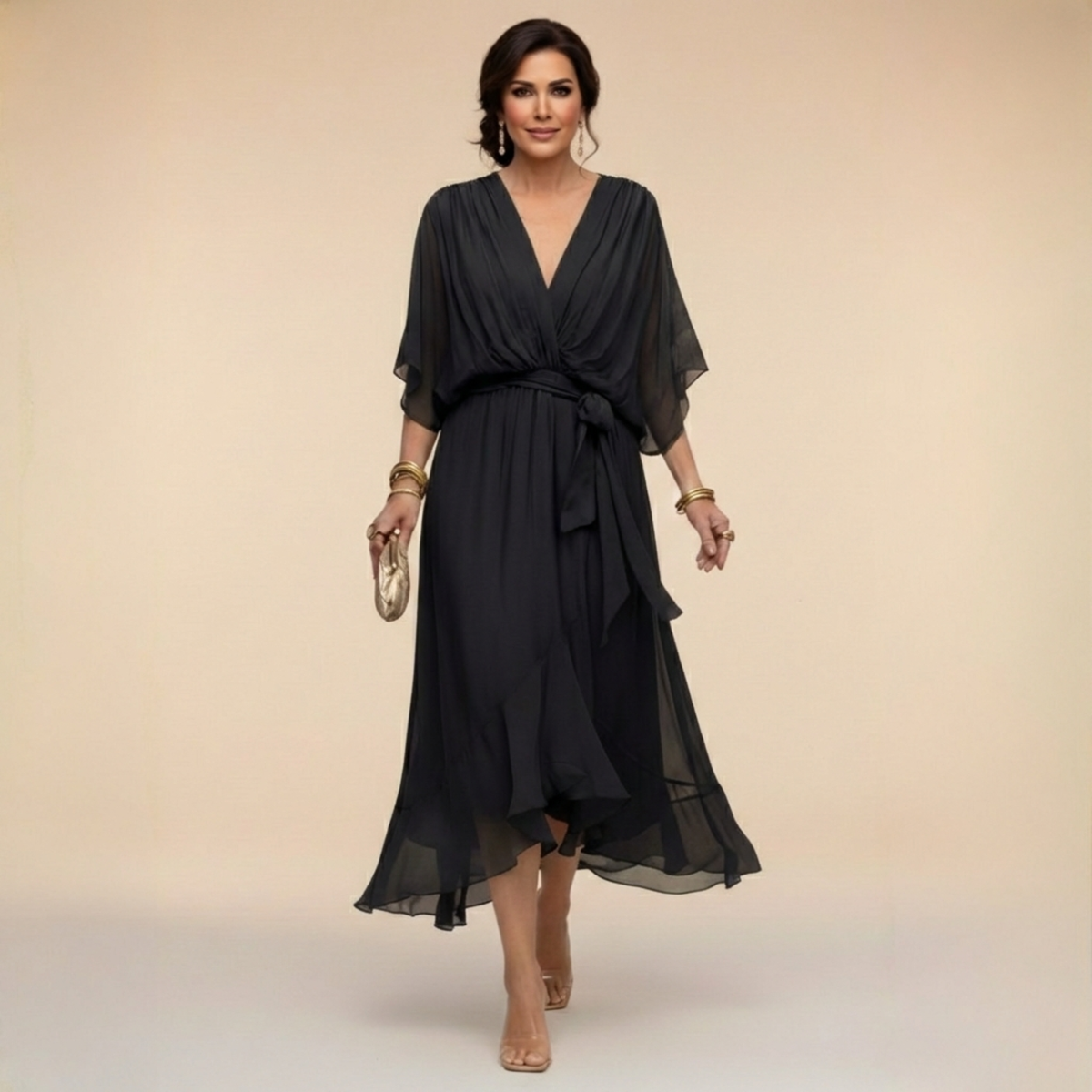 Robe en chiffon fluide col V ceinturée pour femme