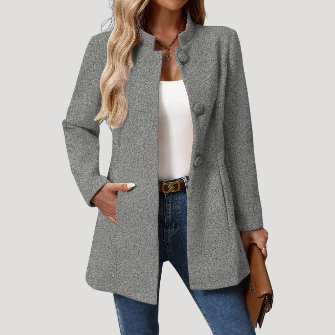 Manteau Femme Mi-Long Col Montant Poches Passepoilées