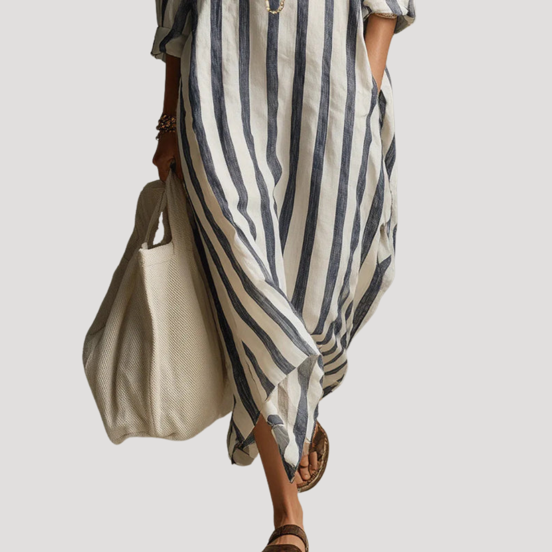 Robe Chemise Femme Longue En Lin Rayé À Manches Retroussables