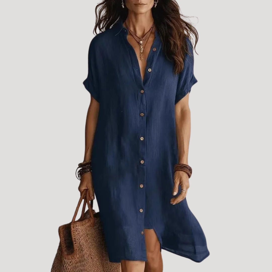 Robe Chemise Longue Femme Col V Boutonnée Manches Courtes